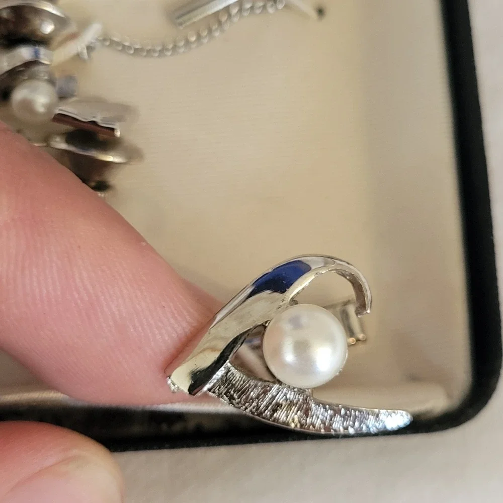 Embassy Vintage Mens Silver Tone Faux Pearl Cufflinks and Tie Tack Set MCM Boxed